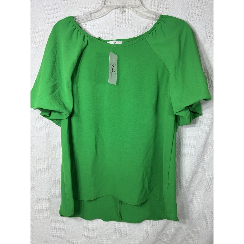 Spin White‎ Daisy Boutique Kelly Green Women's Blouse Short Puff Sleeve Size Med